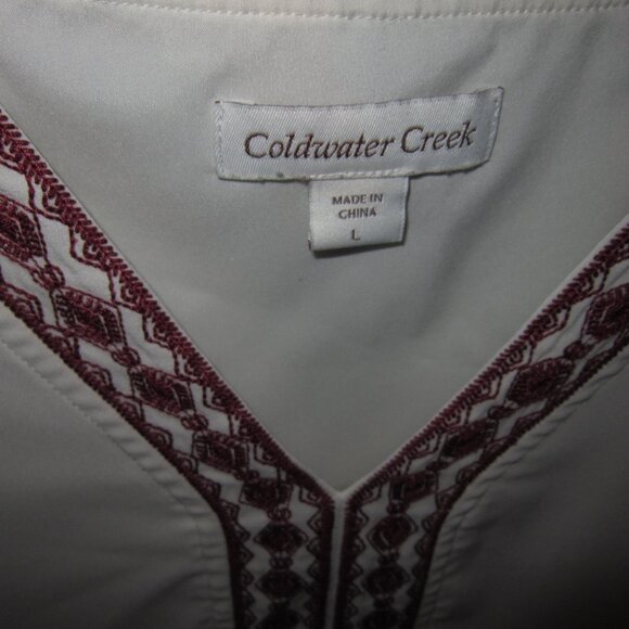 Coldwater Creek L Tunic Blouse Top Shirt Silky Poly Embroidered Floral Ivory LS - Picture 3 of 3